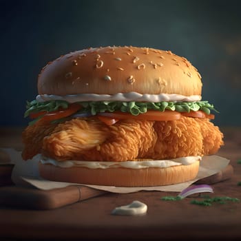 A close-up shot of a juicy, crispy chicken burger with lettuce, tomato, and onion on a bun. The burger looks very appetizing and ready to be eaten.