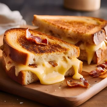 A close-up of a melted cheese and bacon grilled cheese sandwich with a crispy exterior and a gooey, cheesy interior.