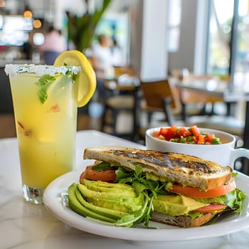 A close up shot of a grilled avocado sandwich with tomato, arugula and cheese served with a glass of lemonade on the side. The sandwich is on a white plate and there's a bowl of tomato salad in the background.