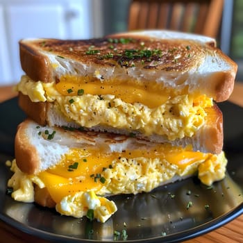 A mouthwatering homemade egg sandwich featuring two slices of toasted bread, melted cheese, and fluffy scrambled eggs. This sandwich is perfect for a quick and satisfying meal or snack.