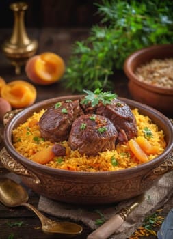 A traditional Azerbaijani plov served in an ornate dish, featuring saffron-infused rice, succulent lamb, and sweet apricots. A feast for the senses