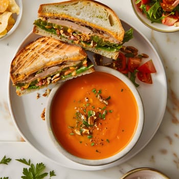 A gourmet sandwich and soup plate with a tasty assortment of ingredients