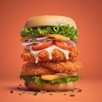 A close-up image of a towering fried chicken burger, with a crispy exterior, juicy meat, fresh vegetables, and a creamy sauce.