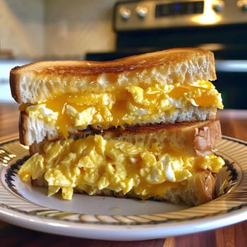 A delicious looking grilled cheese sandwich with scrambled eggs inside, served on a plate.