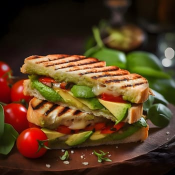 Close-up of a grilled avocado and cheese sandwich on a wooden plate, with tomatoes and greenery in the background.