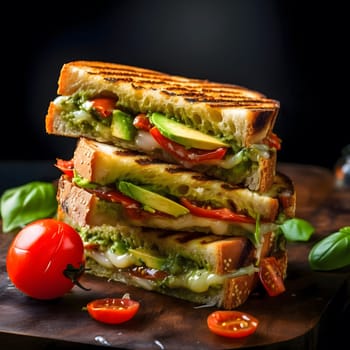A mouthwatering grilled cheese sandwich filled with ripe avocado slices, juicy tomatoes, and melted cheese. The sandwich is perfectly grilled, with golden brown bread and a gooey cheese filling. It is a delicious and satisfying meal or snack.