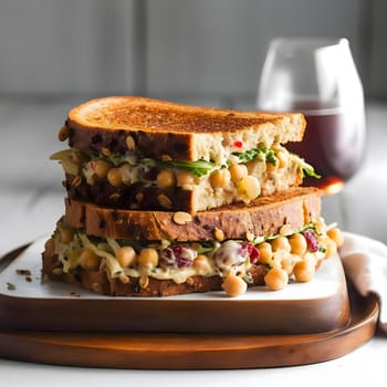 A mouthwatering chickpea sandwich on toasted bread with a delicious salad filling.