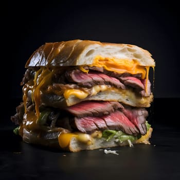 A close-up shot of a Philly cheesesteak sandwich, showcasing its layers of grilled beef, melted cheese, and bread.