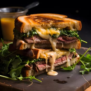Close-up of a delicious grilled cheese sandwich filled with steak and melted cheese.