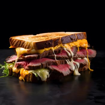 A close up of a delicious steak sandwich with melted cheese, grilled bread and lettuce