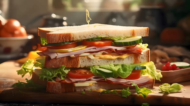 A mouthwatering sandwich filled with ham, cheese, lettuce, tomatoes, and cucumbers. The sandwich is perfect for a quick lunch or dinner, and its vibrant colors and fresh ingredients make it a delightful meal