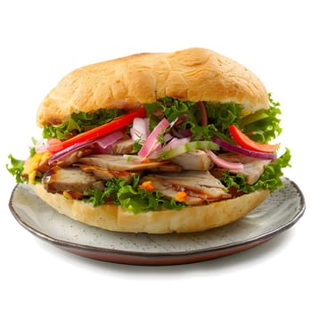 A close-up shot of a mouthwatering sandwich featuring succulent grilled meat, fresh lettuce, red onion, tomato, cucumber, and a touch of dill. The sandwich is served on a white plate and boasts a delicious and inviting appearance.