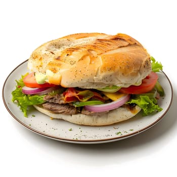 A freshly made sandwich with all the fixings: lettuce, tomato, onion, avocado, and cheese.