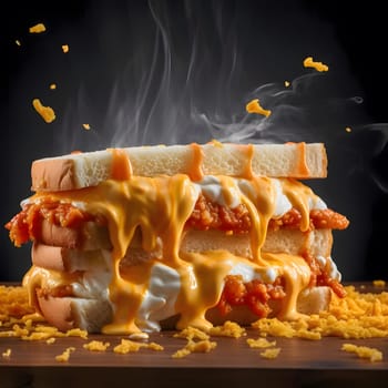 A close-up shot of a melted cheese sandwich with steam rising from it.