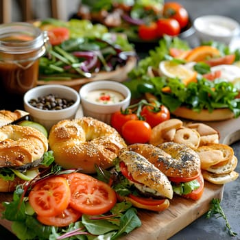 A close-up shot of a delicious sesame bagel with fresh tomatoes and green salad served on a wooden board with other assorted bagels and ingredients.