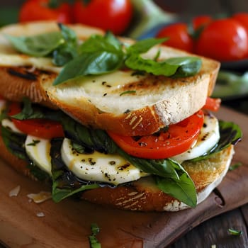 A close-up of a grilled Caprese sandwich on a rustic wooden board, featuring fresh mozzarella, juicy tomatoes, fragrant basil, and toasted bread.