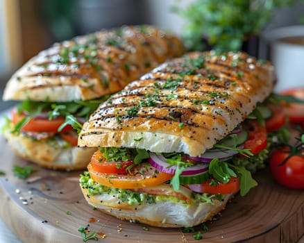 A close up shot of a delicious grilled panini sandwich with fresh vegetables, tomatoes, cucumber, red onions, arugula and cheese on a wooden board.