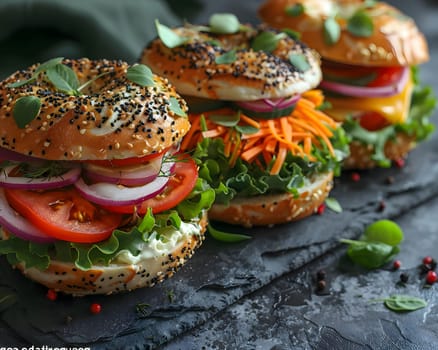 Three vegetarian bagels with fresh vegetables, close up shot on black background