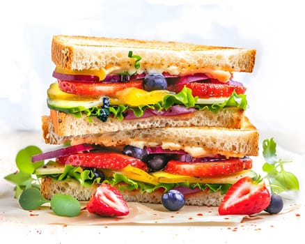 A close-up shot of a multi-layered sandwich filled with fresh vegetables, fruits, and creamy dressing.