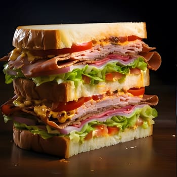 A close-up shot of a multi-layered sandwich, revealing its delicious contents of meat, cheese, and vegetables. The sandwich is arranged on a table, ready to be enjoyed.