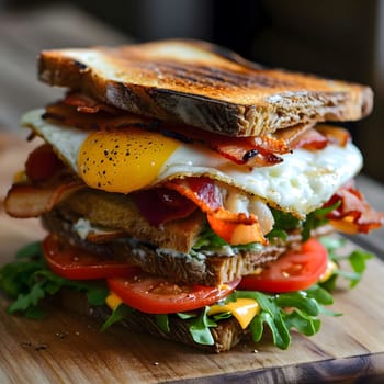 A mouthwatering close-up of a bacon, egg, and tomato sandwich, layered with crispy bacon, a perfectly cooked egg, and juicy tomato slices. The sandwich is toasted to perfection and ready to be devoured.