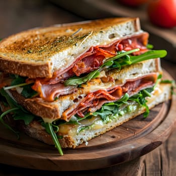 A delicious grilled ham and cheese sandwich with arugula, on a wooden plate.