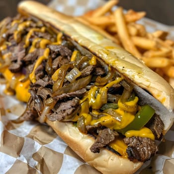 A close up shot of a Philly cheesesteak sandwich, with melted cheese, grilled onions and peppers, and mustard on a toasted hoagie roll