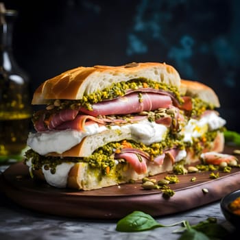 A close-up of a delicious Italian-style sandwich, showcasing layers of fresh pesto, ham, and cheese, perfectly arranged on a wooden plate. The vibrant green of the pesto and the rich brown of the bread create a visually appealing contrast.