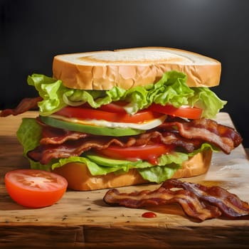 Close up shot of a delicious bacon, lettuce, and tomato sandwich on a wooden surface.