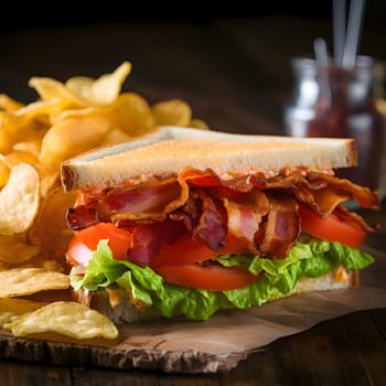 A close-up of a delicious bacon, lettuce, and tomato (BLT) sandwich with crispy potato chips on a brown paper.