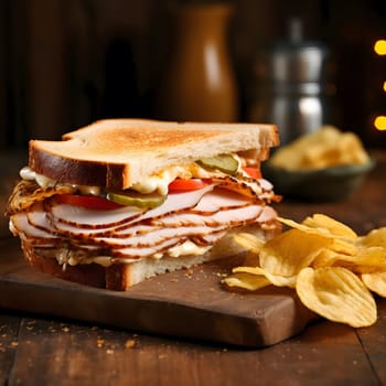A mouthwatering turkey sandwich with toasted bread and crispy chips, perfect for a quick and satisfying lunch or snack.