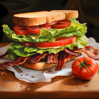A mouthwatering BLT sandwich with crispy bacon, fresh lettuce, and juicy tomatoes on a toasted bread slice.
