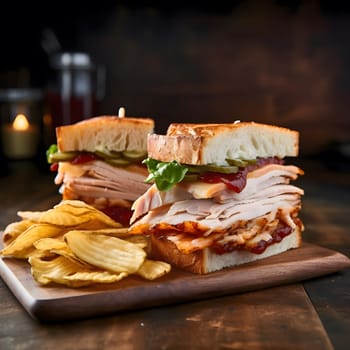 Close-up of a delicious turkey sandwich on a wooden cutting board with a side of potato chips. The sandwich is layered with turkey, cheese, lettuce, and tomato.