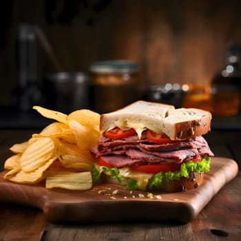 A hearty roast beef sandwich with tomato and lettuce on a soft white bun, accompanied by a pile of crispy potato chips