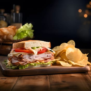 A close-up of a delicious turkey sandwich with potato chips on a wooden table