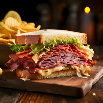 A close up shot of a freshly made, meaty sandwich, on a wooden cutting board. It appears to be a deli-style sandwich with several layers of meat, cheese, lettuce, and possibly tomato and onion.