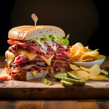 A close-up of a delicious sandwich filled with meat, cheese, and vegetables, accompanied by potato chips and pickles on a wooden board.