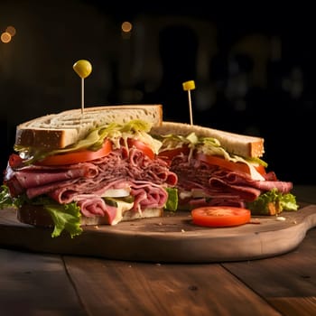 A mouthwatering pastrami sandwich on a wooden cutting board with fresh ingredients. The sandwich is cut in half, revealing layers of thinly sliced pastrami, cheese, pickles, tomato and lettuce.