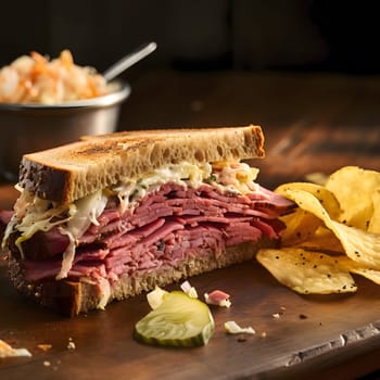 A delicious pastrami sandwich with a pile of potato chips on the side. The sandwich is on a wooden table.