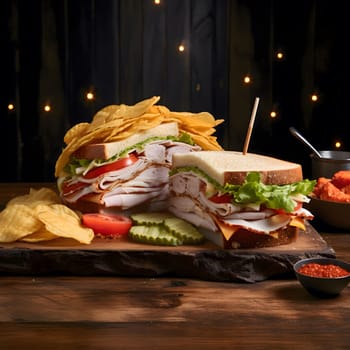 Close up image of a delicious turkey sandwich with potato chips on a wooden table. The sandwich is made with turkey, cheese, lettuce, tomato, and cucumber. The potato chips are golden brown and crispy.