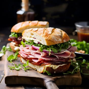 A close up of a delicious ham and salami sandwich on a wooden cutting board.