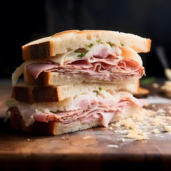 A close-up shot of a delicious ham and cheese sandwich on a wooden surface, highlighting the layers of fresh ham, cheese, and soft bread. The sandwich is perfectly crafted, showcasing the enticing flavors and textures of a classic comfort food.