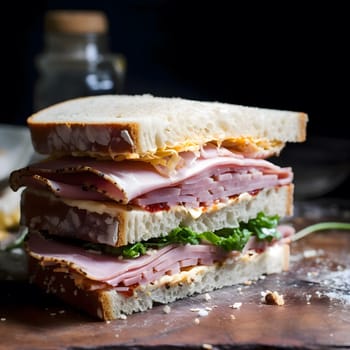 A close up of a delicious ham and cheese sandwich on a wooden table, with a soft focus background