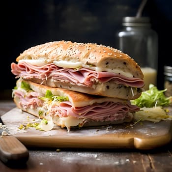 A mouthwatering ham and cheese sandwich on a rustic wooden surface.