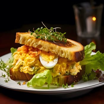 A close-up of a delicious egg salad sandwich on white bread, with lettuce and a hard-boiled egg on top.