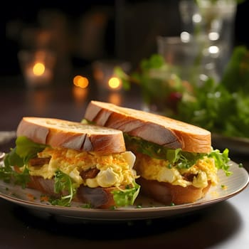 Two mouthwatering egg salad sandwiches on a white plate, ready to be enjoyed. The sandwiches are made with fresh ingredients and look incredibly appetizing.