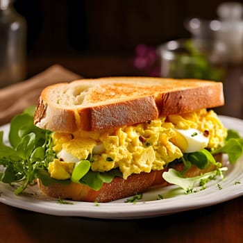 Close up of a freshly made egg salad sandwich on a white plate with green lettuce.