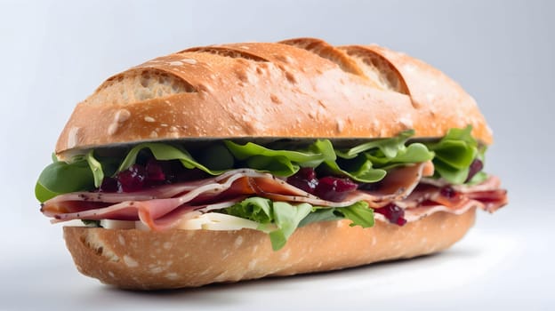 A close-up of a delicious sandwich with ham, cranberry sauce, and arugula on a fresh baguette.