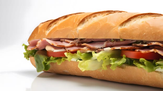 A close-up of a delicious ham and lettuce sandwich, with a soft, crusty bread, juicy tomatoes, and fresh greens.