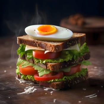 A close-up shot of a delicious sandwich with a fried egg, lettuce, tomatoes, and cheese. The sandwich is stacked high and looks very appetizing.